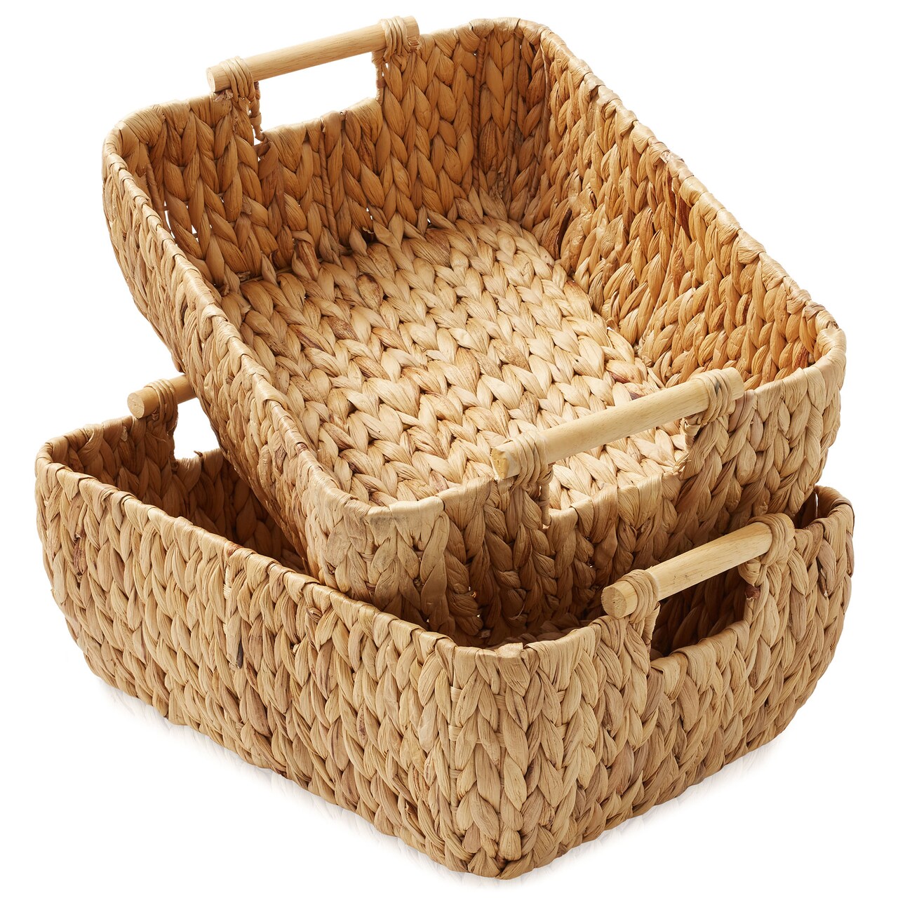 Casafield Set of 2 Water Hyacinth Seagrass Oval Storage Baskets with Wooden Handles - Woven Bin Organizers